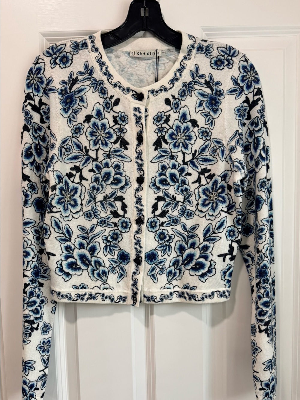Alice + Olivia White Cardigan with Blue Floral Embroidery